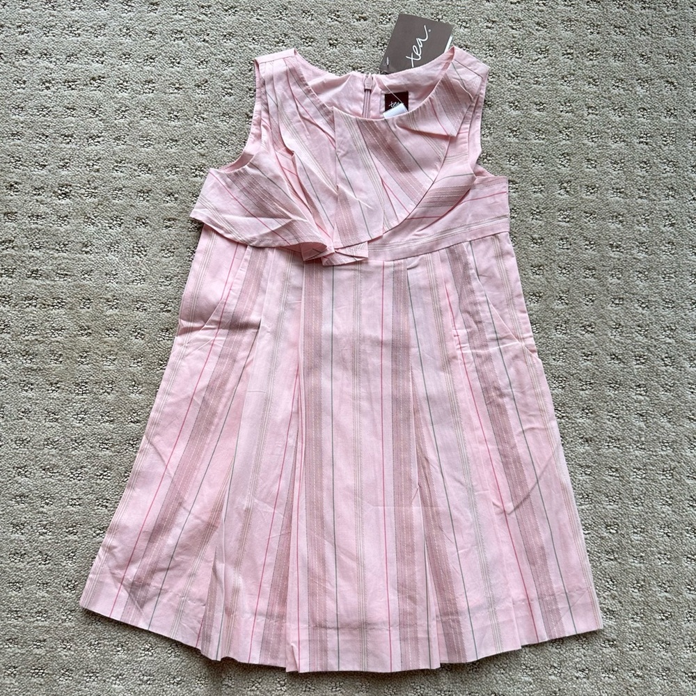 NWT Tea Collection Girls’ Pink Sleeveless Dress With Asymmetric Ruffle, 4